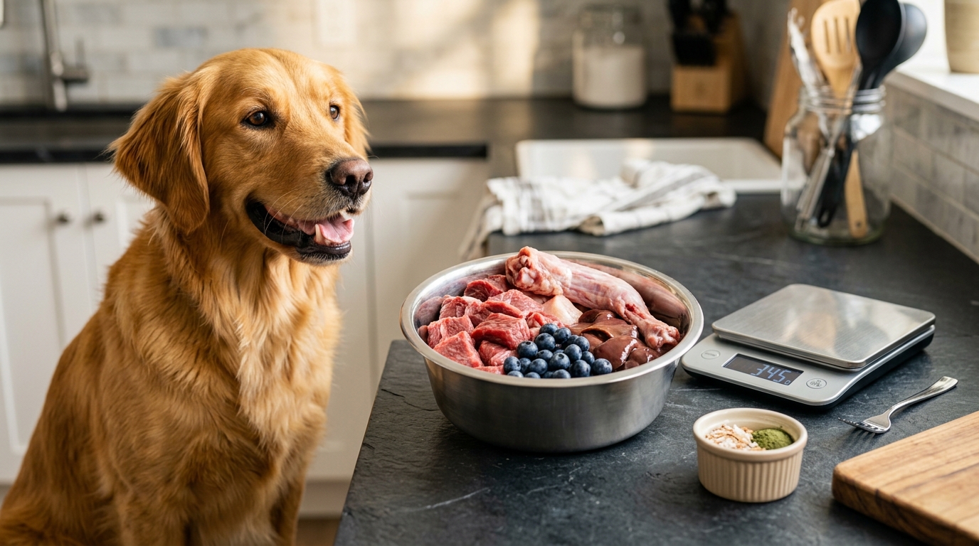 Artisan wooden cutting board with balanced canine BARF raw meal: raw chicken necks, grass-fed beef liver, heart, wild sardines, and pastured egg
