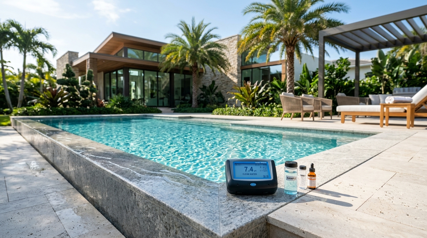 Crystal clear swimming pool water with testing probe